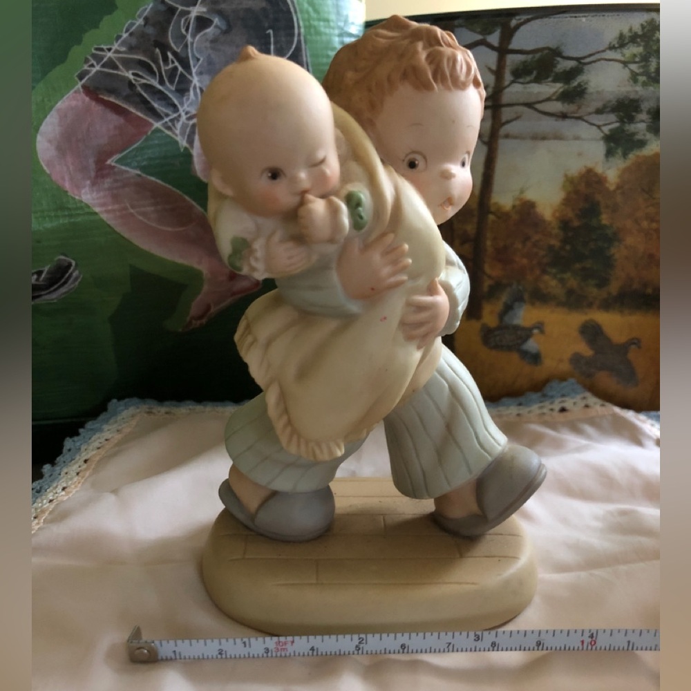 Porcelain Boy Carrying Baby Figurine - Pastel Home Art Statue